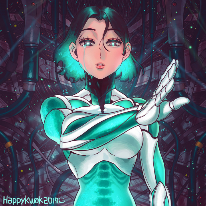 1girl android aqua_hair bangs black_hair glowing jun_sung_kwak looking_at_viewer mechanical_parts multicolored_hair muscular original outstretched_arm parted_bangs parted_lips ribs science_fiction short_hair solo spine tears translucent wire