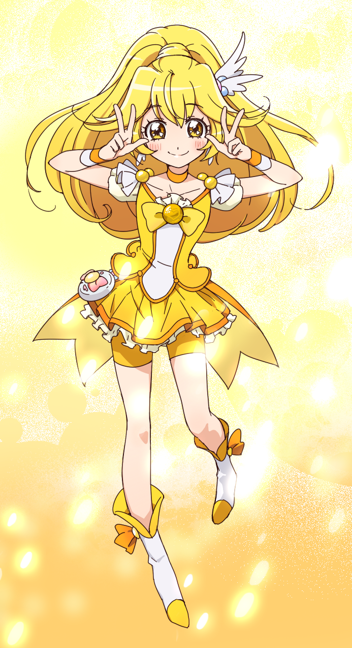 1girl bike_shorts blonde_hair choker cure_peace double_v head_wings highres kise_yayoi long_hair precure smile smile_precure! solo sy wrist_cuffs yellow_bike_shorts yellow_eyes