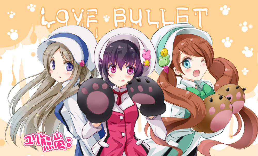 3girls animal_ears bear_ears bear_paws blue_eyes blush brown_hair long_hair looking_at_viewer motoi_ayumu multiple_girls open_mouth short_hair smile tsubaki_kureha twintails violet_eyes yuri_kuma_arashi yurigasaki_lulu yurishiro_ginko