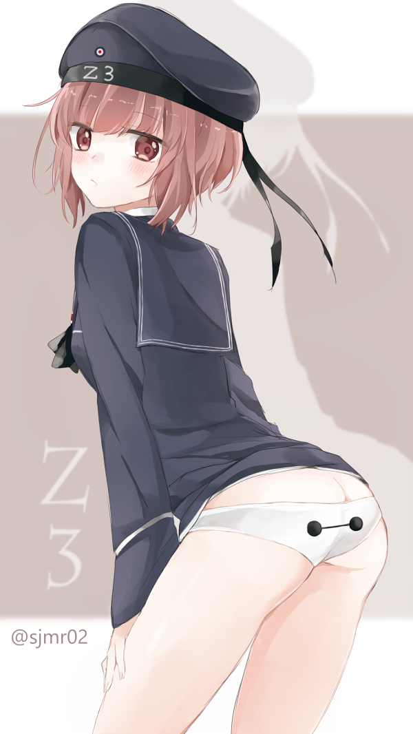1girl ass baymax big_hero_6 blush brown_eyes brown_hair butt_crack character_name hat kantai_collection leaning_forward long_sleeves looking_back neckerchief panties sailor_collar sailor_hat shijima_(sjmr02) short_hair silhouette solo twitter_username underwear white_panties z3_max_schultz_(kantai_collection)