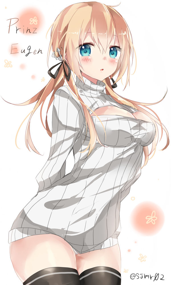 1girl anchor_hair_ornament arms_behind_back black_legwear blonde_hair blue_eyes blush breasts cleavage cleavage_cutout flower hair_ornament hair_ribbon kantai_collection long_hair long_sleeves open-chest_sweater open_mouth panties prinz_eugen_(kantai_collection) ribbed_sweater ribbon shijima_(sjmr02) solo sweater thigh-highs twintails underwear white_panties zettai_ryouiki