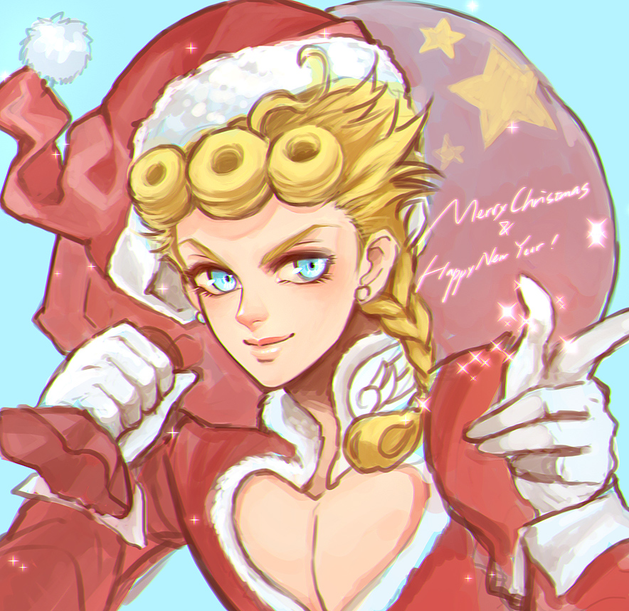 1boy blonde_hair blue_eyes braid christmas earrings giorno_giovanna gloves happy_new_year hat igawa jewelry jojo_no_kimyou_na_bouken merry_christmas new_year pointing santa_costume santa_hat solo sparkle