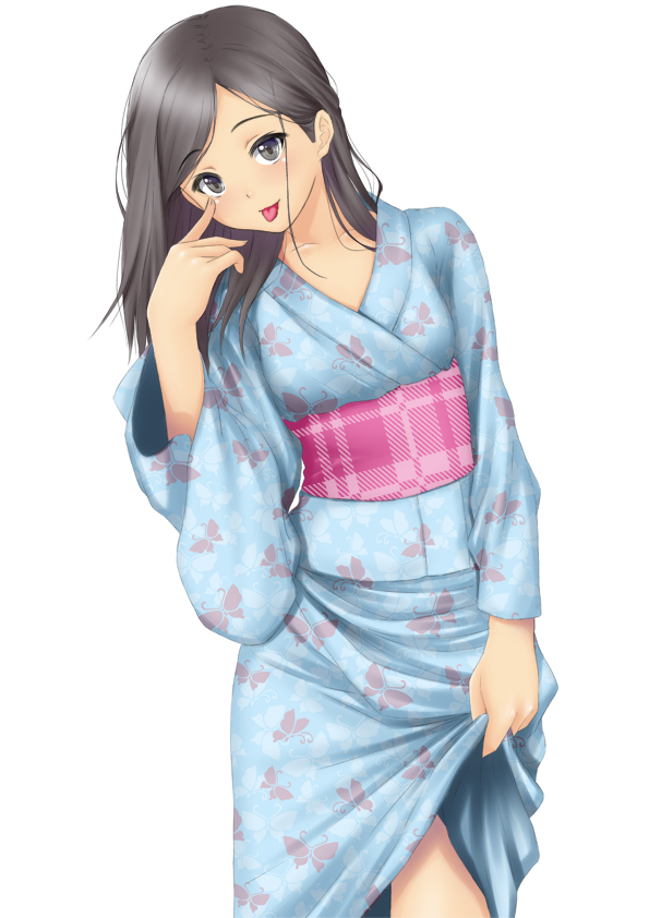 1girl :p akanbe black_eyes black_hair japanese_clothes kimono long_hair muffin_(sirumeria) original solo tongue tongue_out yukata