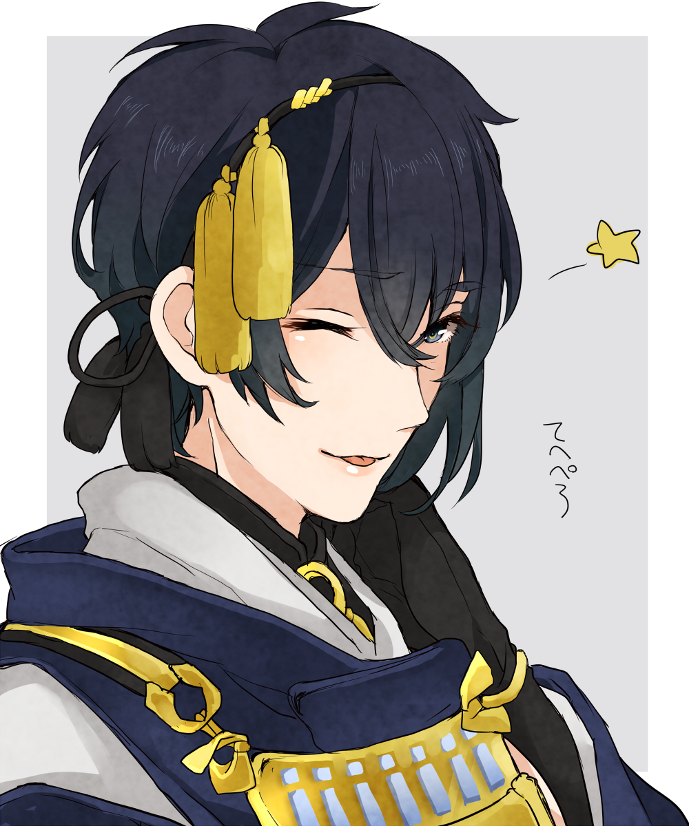 1boy blue_eyes blue_hair gloves hair_ornament highres japanese_clothes mikazuki_munechika_(touken_ranbu) one_eye_closed purin0 smile star tongue touken_ranbu