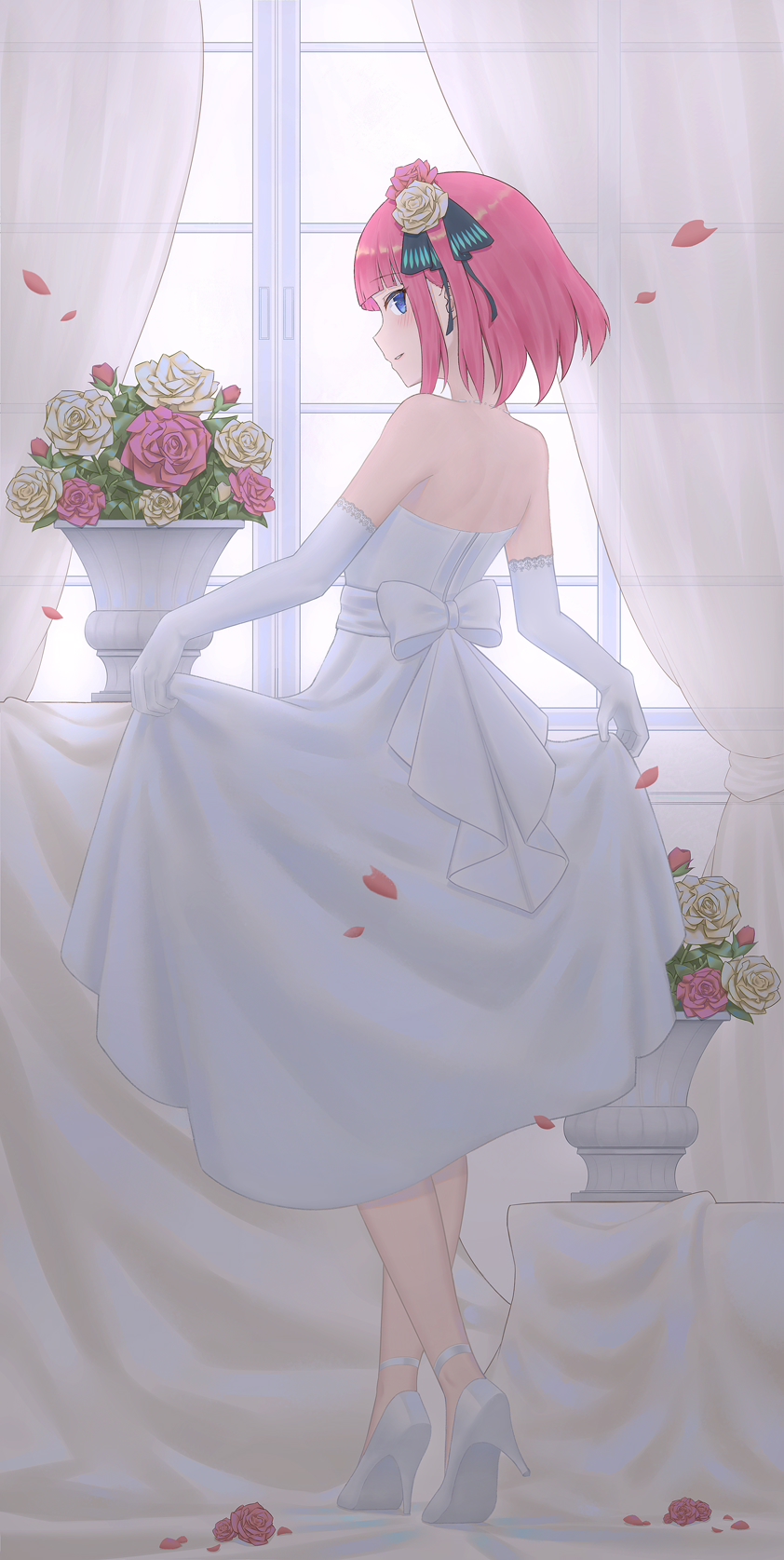 bangs black_ribbon blue_eyes blunt_bangs blush bow bridal_gauntlets bride butterfly_hair_ornament clothes_lift curtains dress dress_lift flower from_behind go-toubun_no_hanayome hair_flower hair_ornament high_heels highres jewelry looking_at_viewer looking_back nakano_nino necklace off_shoulder parted_lips petals pink_hair raised_eyebrows ribbon rose smile twintails wedding_dress white_bow white_dress white_footwear window yihsien