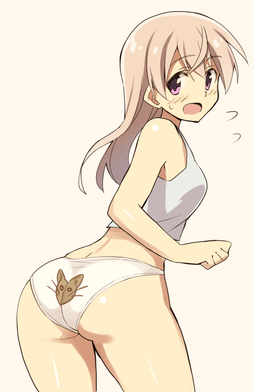 1girl ass blush brown_hair camisole eila_ilmatar_juutilainen glastonbury1966 long_hair looking_back open_mouth panties solo strike_witches underwear violet_eyes white_panties