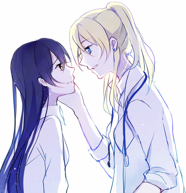 2girls ayase_eli blonde_hair blue_eyes collared_shirt doctor ear_studs earrings eye_contact hand_on_another's_face height_difference jewelry labcoat long_hair looking_at_another love_live!_school_idol_project multiple_girls ponytail purple_hair shen_yi shirt simple_background sketch sleeves_rolled_up sonoda_umi stethoscope very_long_hair white_background white_shirt yellow_eyes yuri