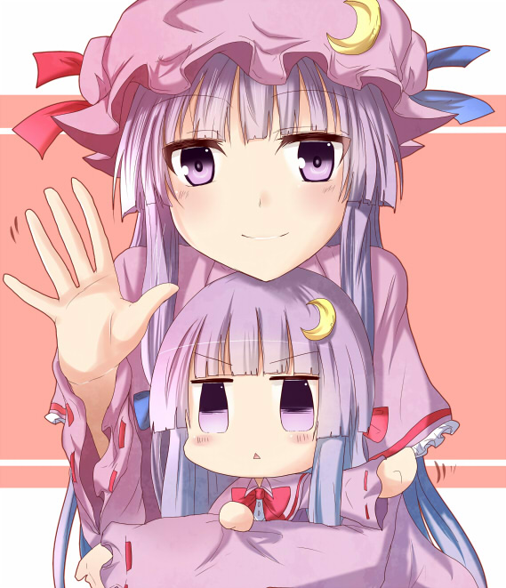 2girls :&lt; capelet chibi crescent crescent_hair_ornament dual_persona hair_ornament long_sleeves mob_cap multiple_girls no_hat patchouli_knowledge purple_hair ram_hachimin smile touhou violet_eyes waving wide_sleeves