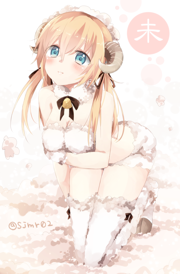 1girl :3 animal_costume bell blonde_hair blue_eyes blush breasts cleavage hair_ribbon hooves horns kantai_collection long_hair new_year prinz_eugen_(kantai_collection) ribbon sheep_costume sheep_horns shijima_(sjmr02) solo thigh-highs twintails twitter_username white_legwear