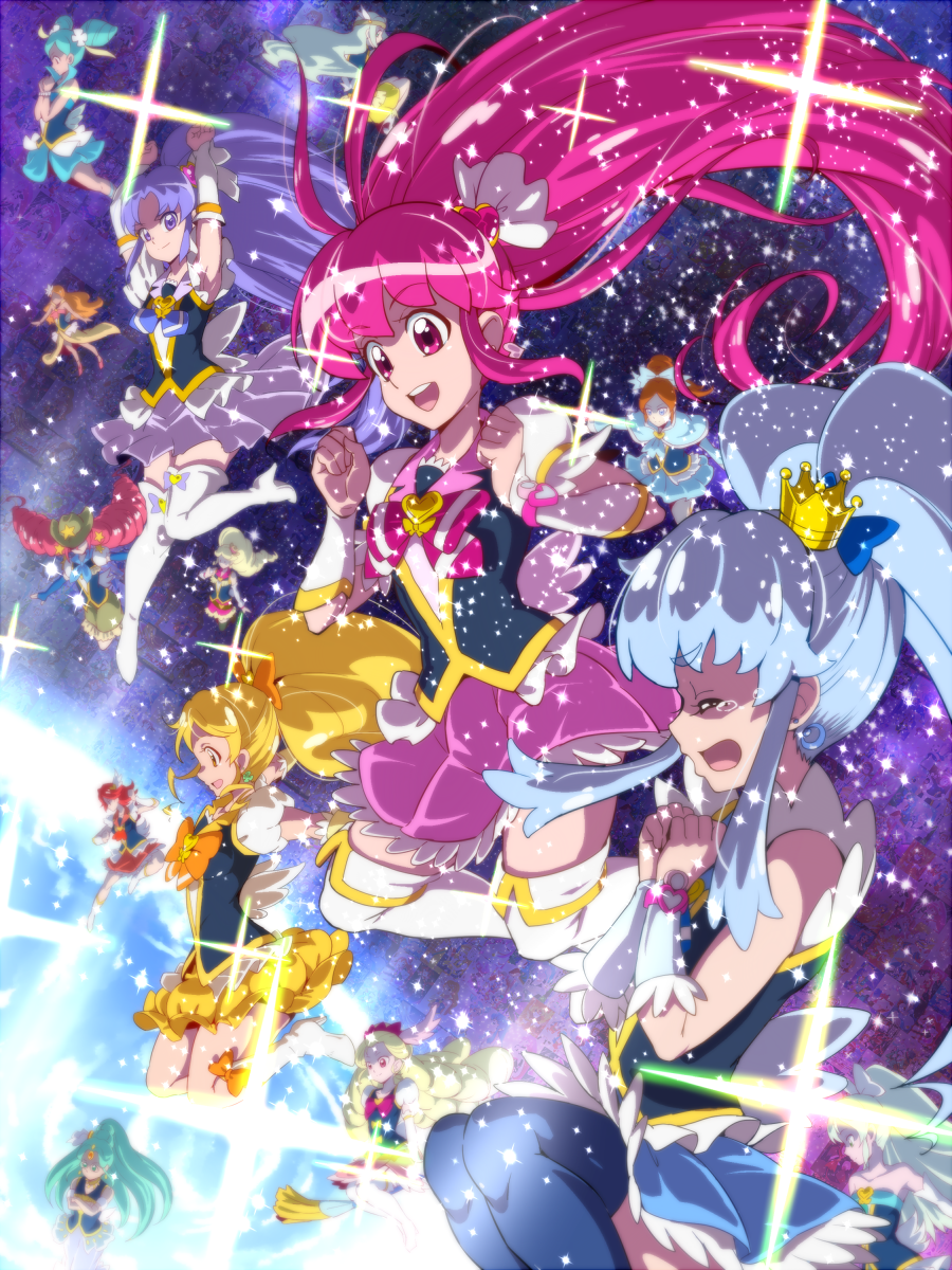 6+girls :d aino_megumi blonde_hair blonde_haired_cure_(bomber_girls_precure)_(happinesscharge_precure!) blue_hair blue_legwear boots bow brooch character_request closed_eyes cone_hair_bun crown cure_art cure_fortune cure_honey cure_katyusha cure_lovely cure_princess cure_southern_cross cure_sunset cure_wave green_haired_cure_(wonderful_net_precure)_(happinesscharge_precure!) grey_haired_cure_(bomber_girls_precure)_(happinesscharge_precure!) hair_bun happinesscharge_precure! heart heart_brooch highres hikawa_iona jewelry light_green_hair long_hair magical_girl multiple_girls ohana_(happinesscharge_precure!) oomori_yuuko open_mouth orina_(happinesscharge_precure!) pink_bow pink_eyes pink_hair ponytail precure purple_hair red_haired_cure_(bomber_girls_precure)_(happinesscharge_precure!) shirayuki_hime skirt smile tears thigh-highs thigh_boots tj-type1 twintails unknown_green-haired_cure_(happinesscharge_precure!) white_footwear white_legwear wide_ponytail yellow_eyes