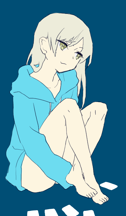 1girl alternate_eye_color bare_legs blonde_hair blue_background card collarbone eila_ilmatar_juutilainen hloox hoodie long_hair long_sleeves platinum_blonde simple_background sitting sleeves_past_wrists smile solo strike_witches yellow_eyes