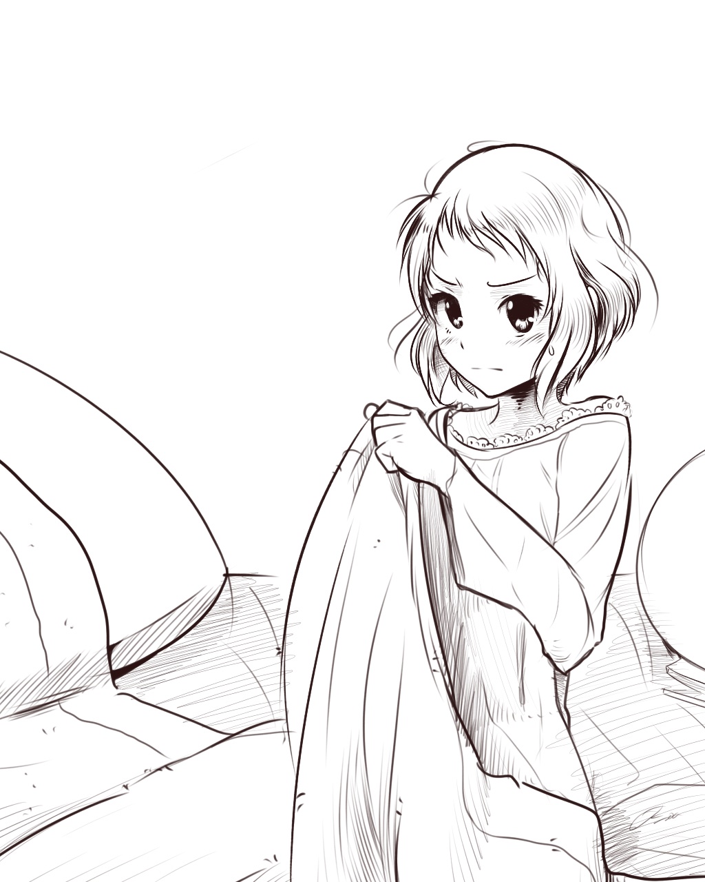 1girl boa_(4chan) frown highres hyouka ibara_mayaka messy_hair monochrome nightgown short_hair sitting