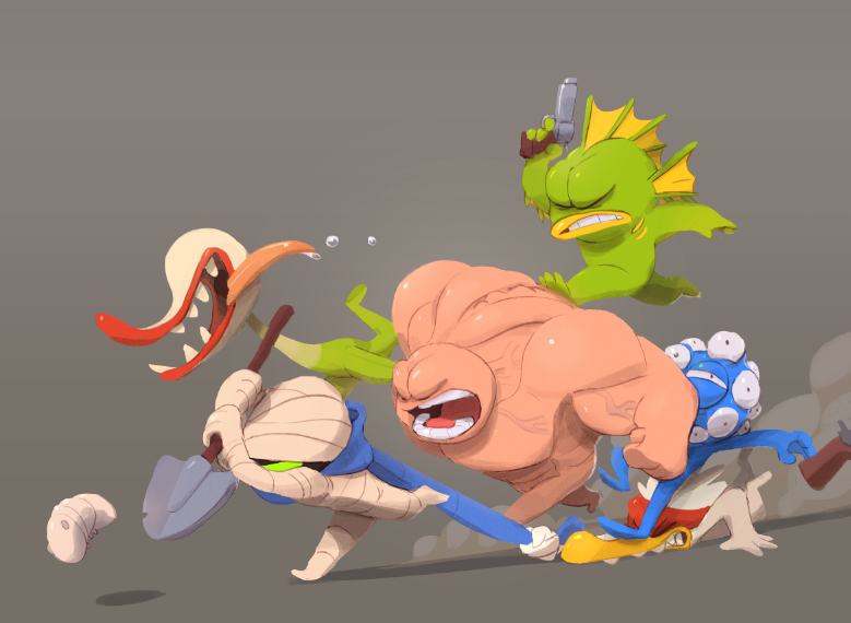 2girls 4boys bandages bird blindfold blue_scarf chicken chicken_(nuclear_throne) clenched_teeth closed_eyes cyclops drooling extra_eyes eyes_(nuclear_throne) fish_(nuclear_throne) green_eyes grey_background gun justin_chan maggot maggot_(nuclear_throne) multiple_boys multiple_girls muscle nuclear_throne nude official_art one-eyed open_mouth plant_(nuclear_throne) rebel_(nuclear_throne) revolver running saliva scarf scarf_grab shovel simple_background steroids_(nuclear_throne) tongue tongue_out weapon worktool