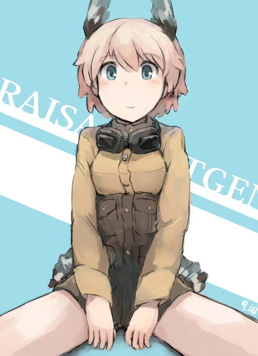 1girl bird_tail blonde_hair blue_eyes blush character_name dated futenesira goggles goggles_around_neck head_wings long_sleeves military military_uniform raisa_pottgen short_hair sitting smile solo strike_witches tail uniform