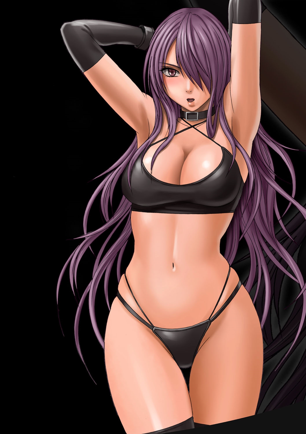 1girl breasts choker crimson_comics elbow_gloves gloves highres large_breasts long_hair navel purple_hair solo sweat violet_eyes
