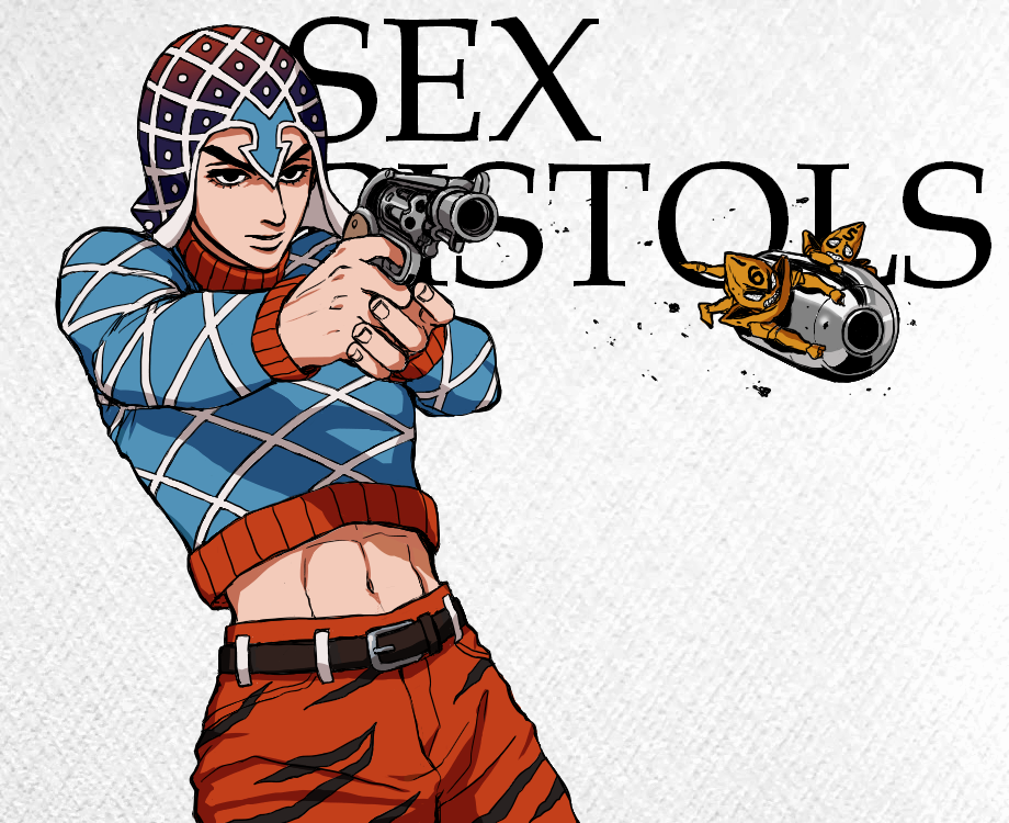 1boy argyle_sweater bullet charko0 guido_mista gun hat jojo_no_kimyou_na_bouken midriff sex_pistols_(stand) stand_(jojo) weapon