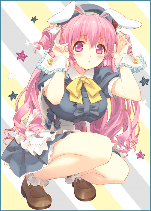 1girl animal_ears apron beret blue_dress blush border bowtie breasts dress frills full_body hat large_breasts loafers long_hair original pink_eyes pink_hair rabbit_ears shoes short_sleeves solo squatting star striped striped_background tokira_nozumi very_long_hair waist_apron wrist_cuffs