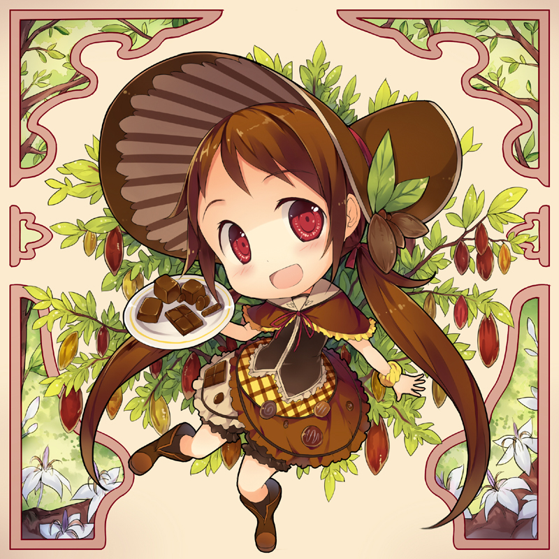 1girl :d brown_eyes brown_hair cacao_fruit chibi chocolate_bar fred04142 hair_ribbon hairband lolita_hairband long_hair looking_at_viewer open_mouth original ribbon smile solo twintails