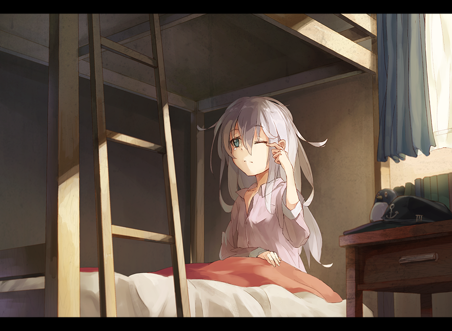 1girl amoranorem aqua_eyes bedroom bunk_bed failure_penguin finger_to_eye hibiki_(kantai_collection) indoors kantai_collection letterboxed long_hair morning on_bed one_eye_closed pajamas solo tears waking_up white_hair