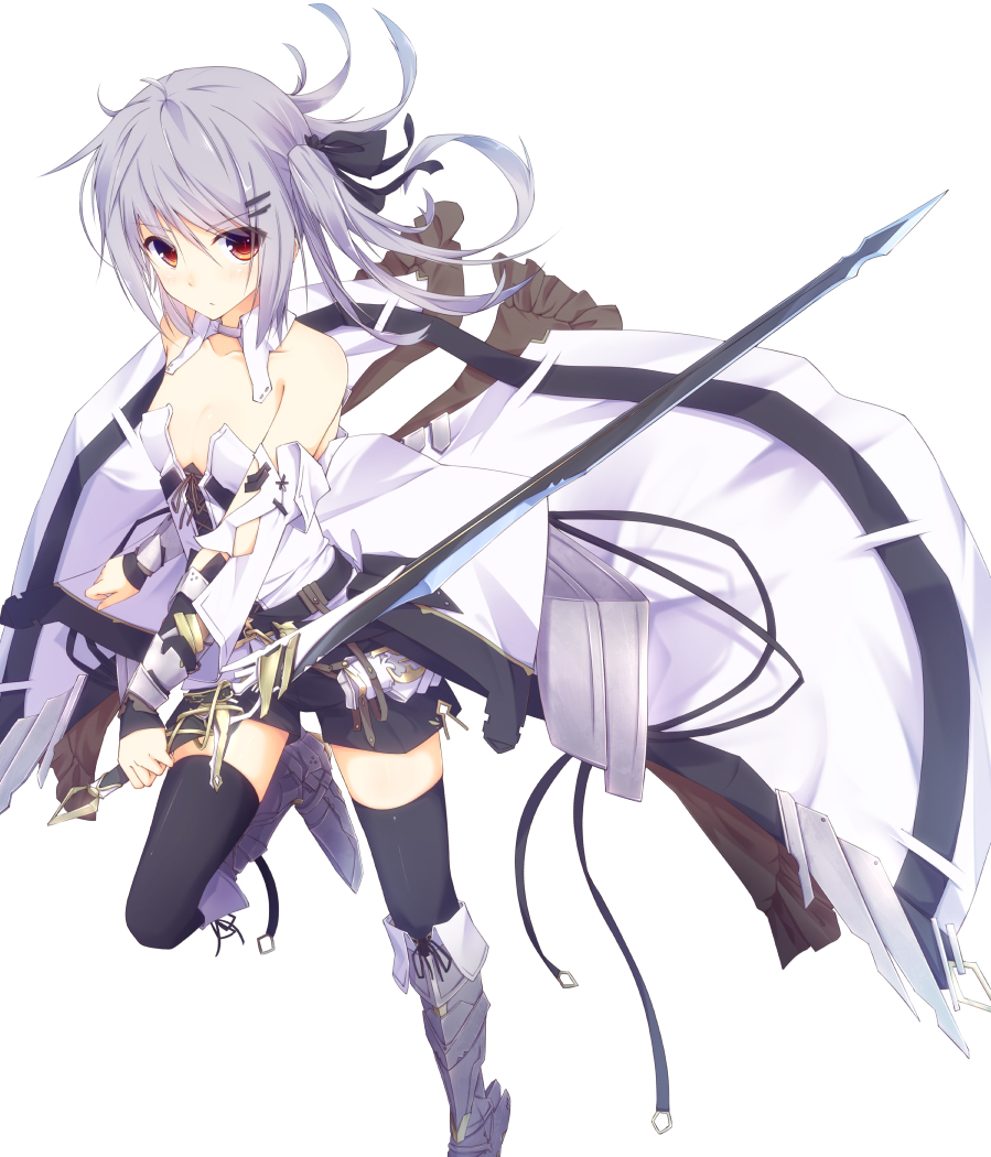 1girl :/ armored_boots bare_shoulders black_legwear blush boots brown_eyes collarbone detached_collar detached_sleeves hair_ornament hair_ribbon hairclip holding holding_sword holding_weapon looking_at_viewer original purple_hair ribbon shio_(shia-ushio) shirt shorts side_ponytail solo sword thigh-highs weapon white_background