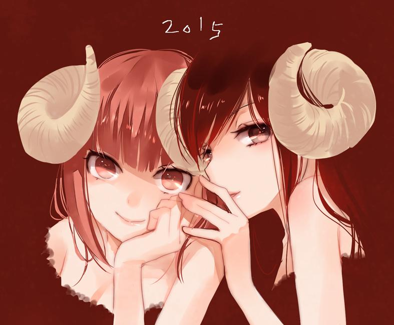 2015 2girls horns kurahashi_riko love_lab maki_natsuo miyahara_ruri multiple_girls new_year red_eyes redhead sheep_horns