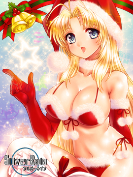 1girl bell bikini blonde_hair blue_eyes breasts christmas cleavage hat large_breasts long_hair lowres sack santa_hat silver_rain smile solo swimsuit sylvia_bloomfield yoshinaga_yuki