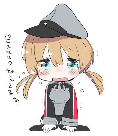 1girl anchor_hair_ornament blonde_hair blue_eyes blue_hair blush_stickers crying crying_with_eyes_open gloves hat kantai_collection long_sleeves looking_at_viewer microskirt military military_uniform mozuya_murasaki peaked_cap prinz_eugen_(kantai_collection) short_twintails skirt tears thigh-highs twintails uniform white_gloves