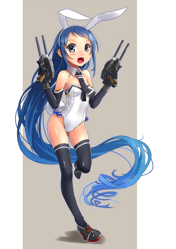 1girl absurdly_long_hair alternate_costume animal_ears bare_shoulders black_gloves black_legwear blue_eyes blue_hair bunny_girl bunnysuit cannon elbow_gloves fake_animal_ears gloves gun handgun kantai_collection katahira_masashi leotard long_hair open_mouth rabbit_ears samidare_(kantai_collection) smile solo thigh-highs thighs very_long_hair weapon