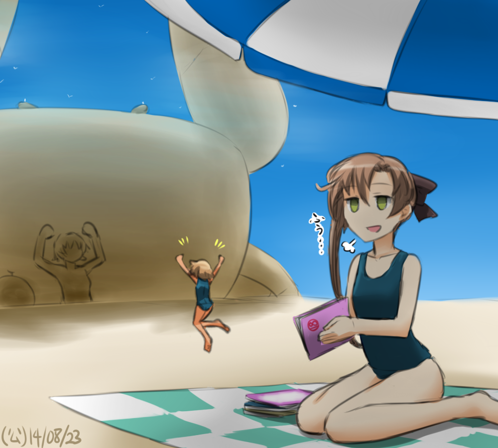 2girls :d \o/ akigumo_(kantai_collection) arms_up book brown_hair dated green_eyes hamu_koutarou jumping kantai_collection multiple_girls oboro_(kantai_collection) one-piece_swimsuit open_mouth outstretched_arms sand_sculpture sigh sitting smile swimsuit tan wariza