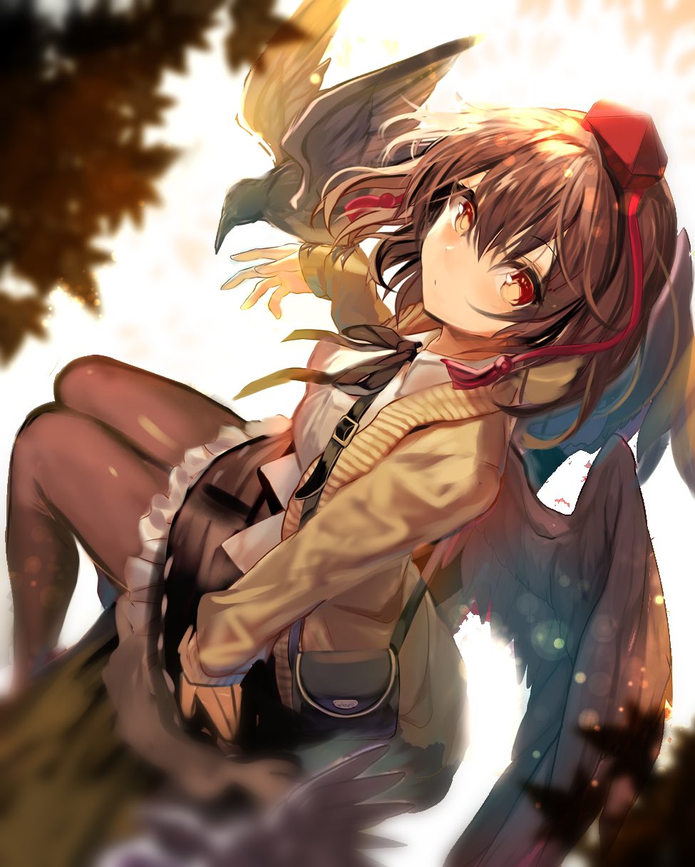 1girl bag bangs bird bird_on_hand bird_wings black_bag black_hair black_legwear black_wings blurry blurry_background brown_eyes brown_jacket closed_mouth crow full_body fuupu hat highres jacket leaf light_particles long_sleeves looking_at_viewer red_headwear ribbon-trimmed_skirt ribbon_trim shameimaru_aya shirt short_hair shoulder_bag sitting symbol-only_commentary tokin_hat touhou white_background white_shirt wings
