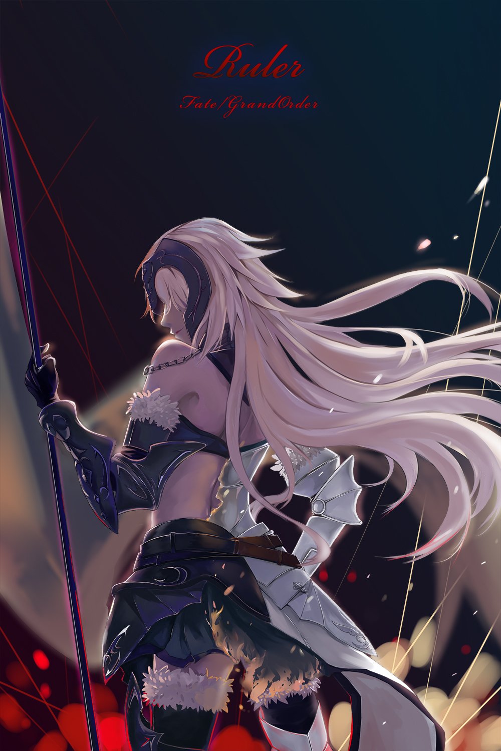 1girl armor bare_shoulders belt black_skirt burning_clothes chains character_name copyright_name covered_eyes elbow_gloves fate/grand_order fate_(series) fire flag from_behind fur-trimmed_gloves fur-trimmed_legwear fur_trim gauntlets gloves headpiece highres holding holding_flag jeanne_d'arc_(alter)_(fate) jeanne_d'arc_(fate)_(all) long_hair sidelocks silver_hair skirt smile solo standard_bearer standing thigh-highs transformation very_long_hair zanjuan zettai_ryouiki