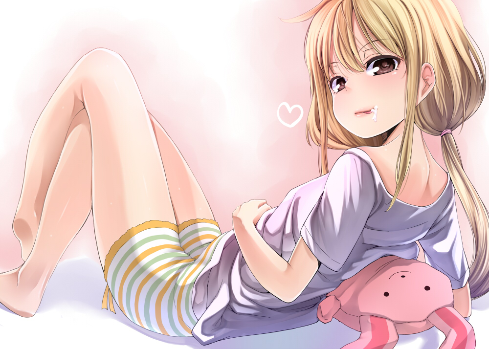 1girl amasora_taichi barefoot bent_knees blonde_hair blush brown_eyes cream futaba_anzu idolmaster idolmaster_cinderella_girls legs long_hair looking_at_viewer ponytail rabbit shorts sitting solo tongue