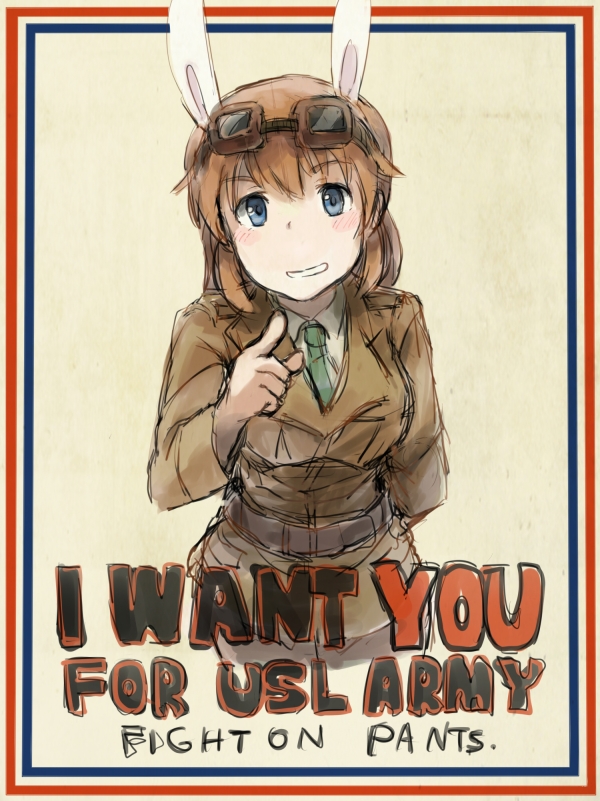 1girl animal_ears arm_behind_back belt blue_eyes blush charlotte_e_yeager english futenesira goggles goggles_on_head grin i_want_you leaning_forward long_hair long_sleeves military military_uniform necktie orange_hair parody pointing pointing_at_viewer poster rabbit_ears smile solo strike_witches uniform