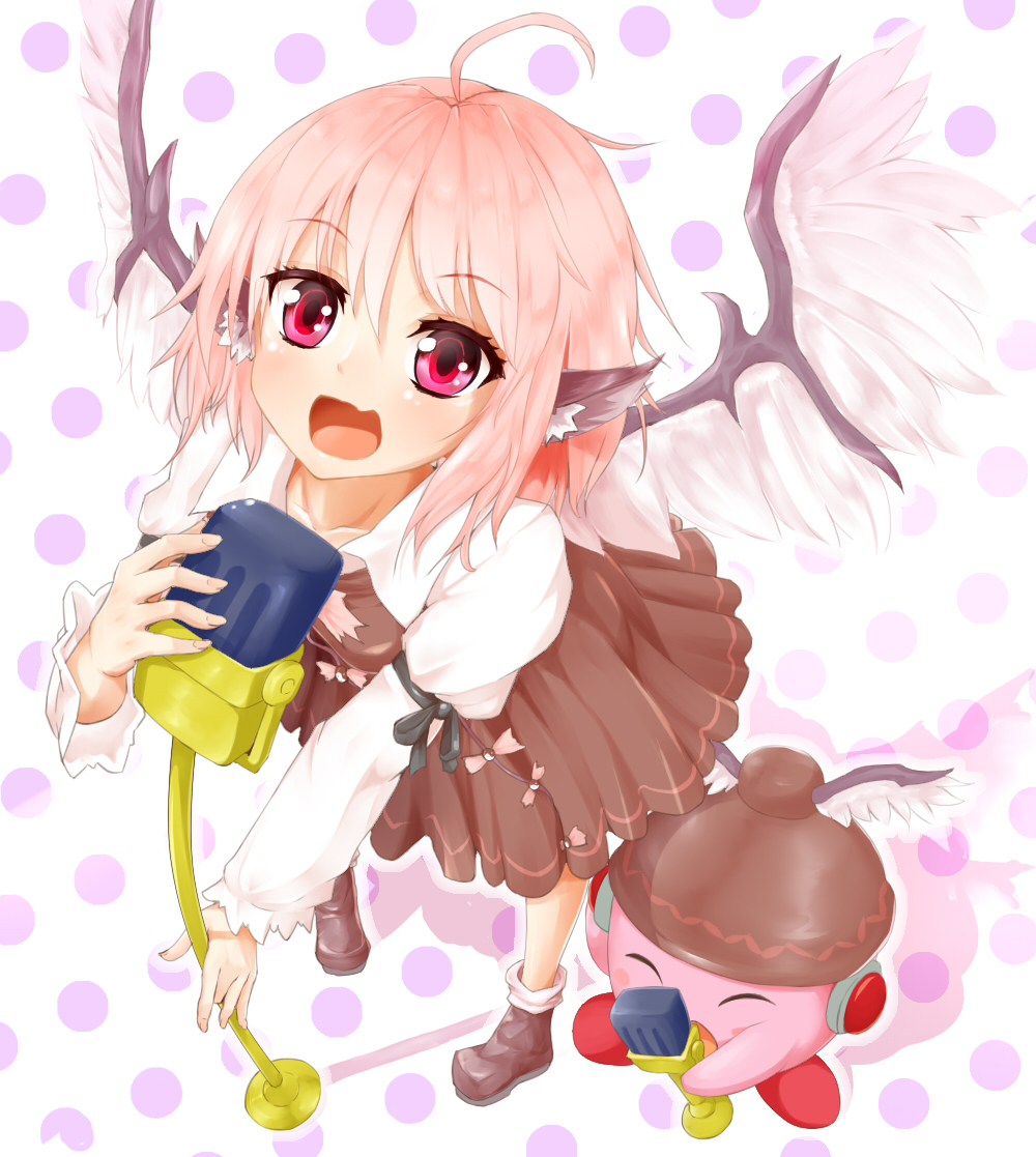 1girl ahoge animal_ears bird_wings bobby_socks collarbone collared_shirt crossover dress fang from_above headphones kirby kirby_(series) loafers looking_at_viewer microphone mystia_lorelei open_mouth pink_hair shiron_(e1na1e2lu2ne3ru3) shoes short_hair singing socks touhou violet_eyes winged_hat