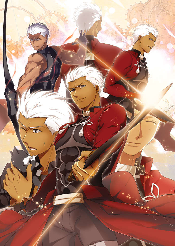 6+boys archer bow_(weapon) cat dark_skin fate/stay_night fate_(series) gears kanshou_&amp;_bakuya multiple_boys multiple_persona nina_(pastime) unlimited_blade_works weapon white_hair