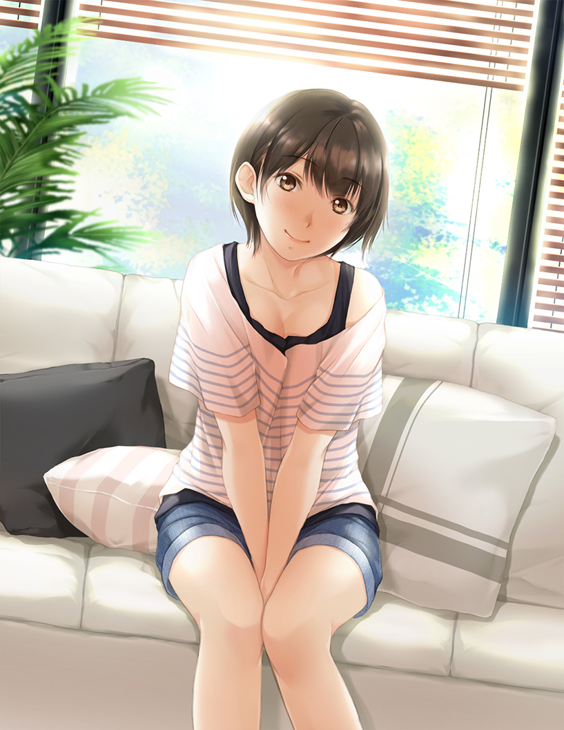 1girl blinds blouse blush brown_eyes brown_hair collarbone couch cushion head_tilt indoors looking_at_viewer nayuta69 original plant short_hair short_sleeves shorts sitting smile solo striped_blouse tank_top v_arms window