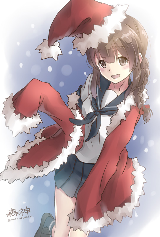 1girl :d braid brown_eyes brown_hair christmas d-style_wed hat isonami_(kantai_collection) kantai_collection kneehighs long_hair long_sleeves neckerchief open_mouth pleated_skirt santa_costume santa_hat school_uniform serafuku shoes single_braid skirt smile snow snowing solo twitter_username