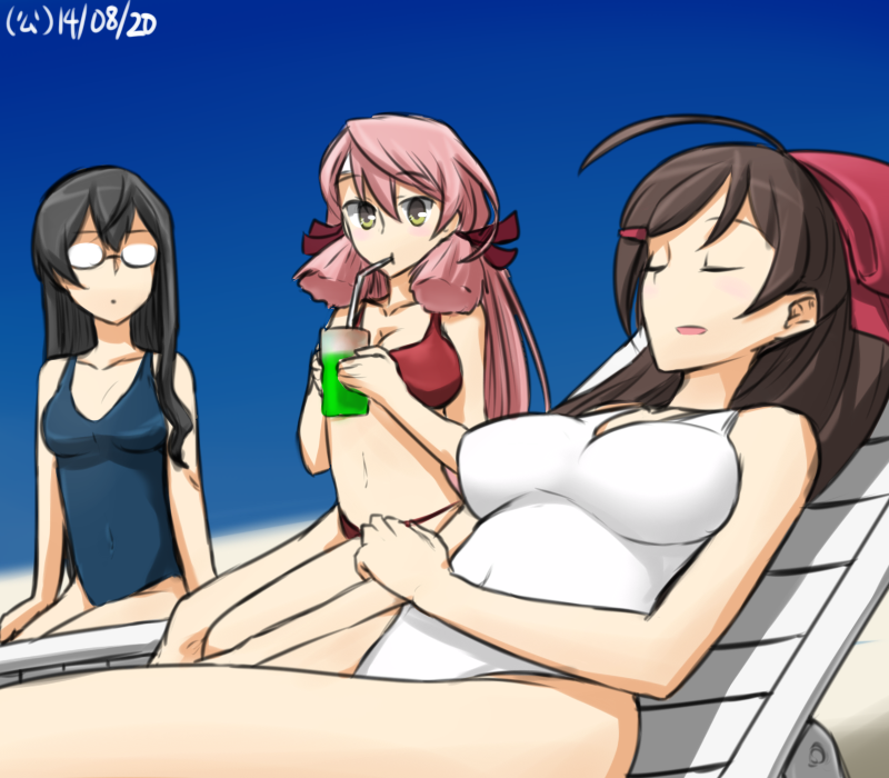 3girls ahoge akashi_(kantai_collection) beach_chair bikini black_hair brown_hair closed_eyes covered_navel dated drinking drinking_straw glasses green_eyes hair_ornament hair_ribbon hairclip hamu_koutarou kantai_collection long_hair mamiya_(kantai_collection) multiple_girls one-piece_swimsuit ooyodo_(kantai_collection) pink_hair ribbon swimsuit white_swimsuit