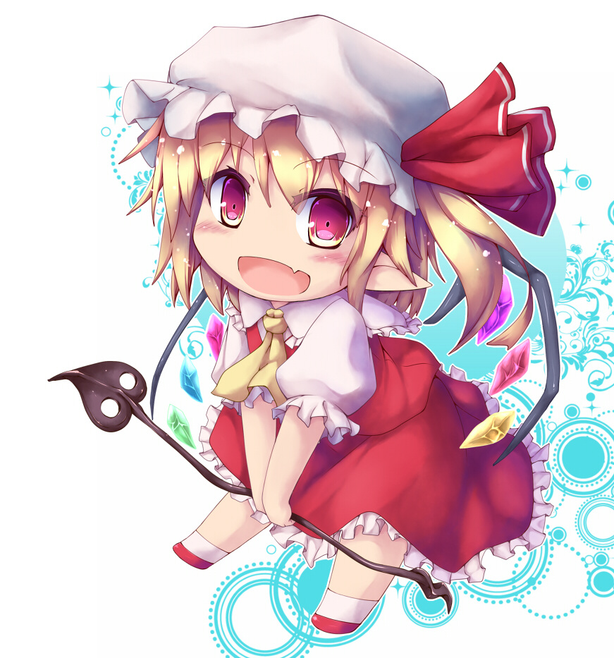 1girl ascot blonde_hair flandre_scarlet hat killing laevatein open_mouth red_eyes ribbon short_hair side_ponytail smile solo touhou wings
