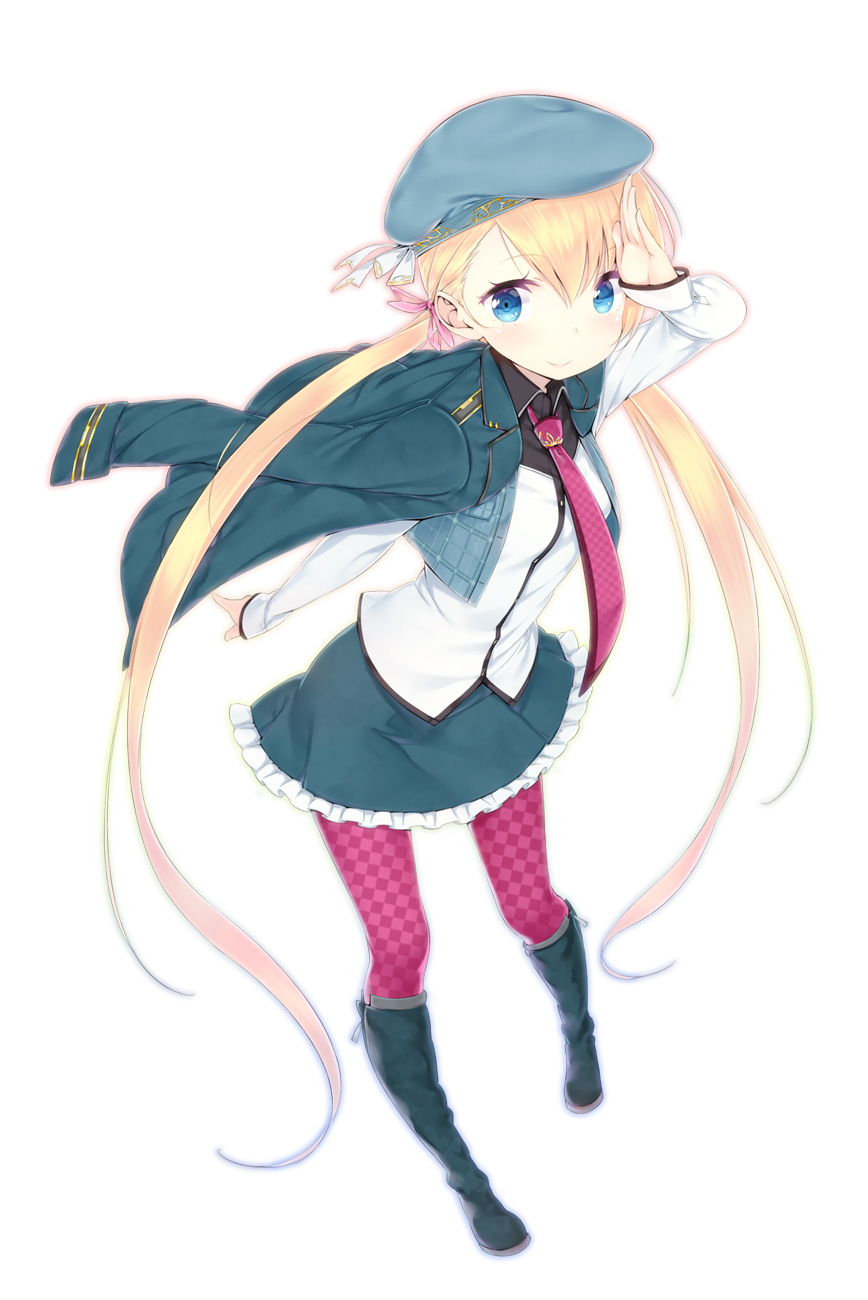 1girl blonde_hair blue_eyes blush boots checkered checkered_legwear hair_ribbon hat highres jacket long_hair long_sleeves looking_at_viewer low_twintails necktie original pantyhose pink_legwear ribbon salute simple_background skirt smile solo twintails vest white_background zizi_(zz22)