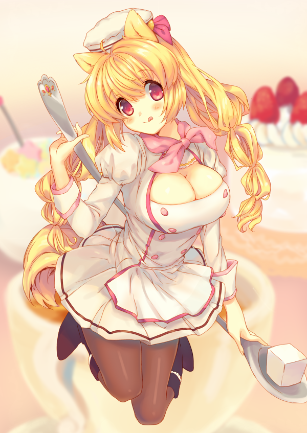 1girl :q ahoge animal_ears blonde_hair blurry blush boots breasts cake cleavage depth_of_field dress food fruit full_body hat kinoko long_sleeves looking_at_viewer original pantyhose puffy_sleeves red_eyes smile solo spoon strawberry sugar_cube tongue tongue_out twintails white_dress