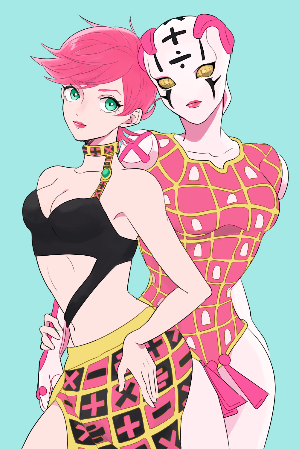 2girls green_eyes highres jojo_no_kimyou_na_bouken midriff mike_(tomatomato244) multiple_girls pink_hair short_hair spice_girl_(stand) stand_(jojo) trish_una