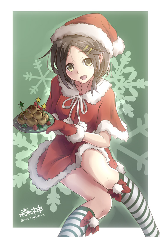 1girl brown_hair christmas d-style_wed food gloves hair_ornament hairclip hat kantai_collection kneehighs kuroshio_(kantai_collection) light_brown_eyes looking_at_viewer open_mouth plate red_gloves santa_costume santa_hat solo striped striped_legwear twitter_username