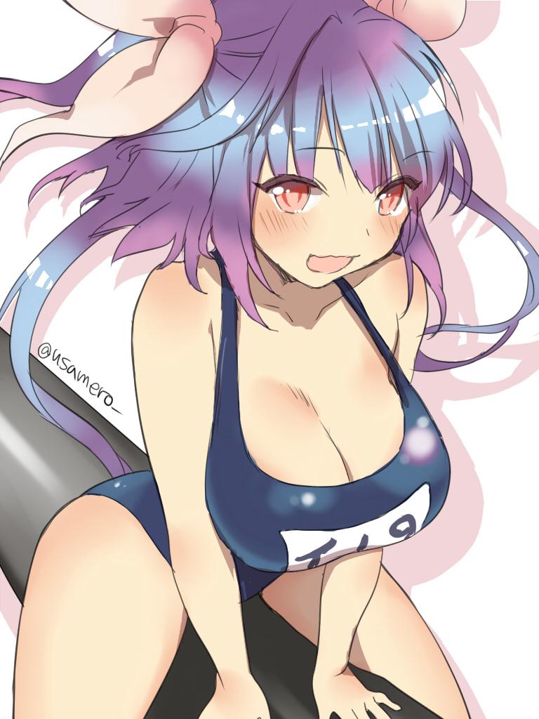 1girl blue_hair breasts hair_ribbon i-19_(kantai_collection) kantai_collection long_hair mero_(usamero) ribbon school_swimsuit smile swimsuit torpedo twintails violet_eyes