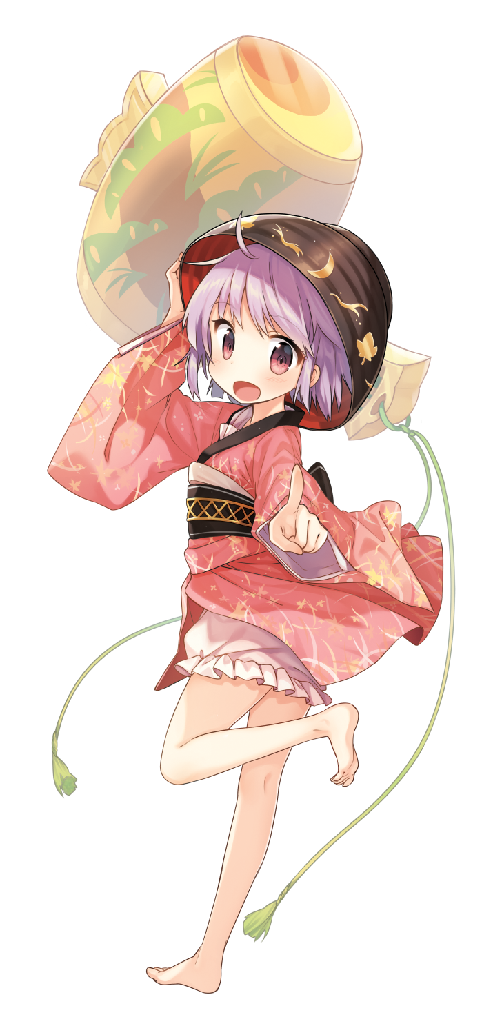 1girl bare_legs barefoot bowl floral_print hat highres japanese_clothes kimono long_sleeves miracle_mallet obi open_mouth pointing pointing_at_viewer purple_hair sash shinoba smile solo standing_on_one_leg sukuna_shinmyoumaru touhou violet_eyes wide_sleeves