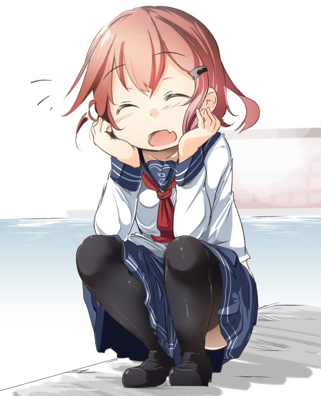 1girl :d ^_^ aki_(akikaze_asparagus) black_legwear blue_skirt brown_hair closed_eyes elbows_on_knees facing_viewer fang hair_ornament hairclip hands_on_own_face head_rest ikazuchi_(kantai_collection) kantai_collection long_sleeves neckerchief open_mouth pleated_skirt sailor_collar school_uniform serafuku short_hair skirt smile solo squatting thigh-highs