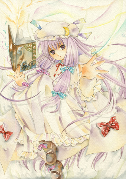 hat long_hair nib_pen_(medium) patchouli_knowledge purple_eyes purple_hair ribbon touhou traditional_media violet_eyes watercolor_(medium)