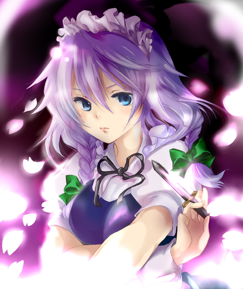 blue_eyes braid hairband izayoi_sakuya knife maid mikazuki_tenma short_hair silver_hair touhou twin_braids