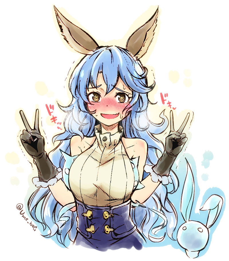 :d @_@ animal_ears bare_shoulders beltskirt blue_hair blue_skirt blush breast_padding breasts brown_eyes buttons collarbone double_v erun_(granblue_fantasy) ferry_(granblue_fantasy) full-face_blush ghost gloves granblue_fantasy hands heart long_hair looking_at_viewer o_o open_mouth simple_background skirt sleeveless small_breasts smile spoken_heart text trembling twitter_username umeboshi_(lazy_lazy) upper_body v wavy_hair white_background