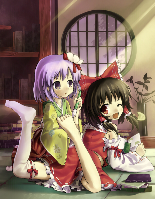 asymmetrical_clothes bad_id barefoot brown_hair detached_sleeves feet flower foot_tickling hakurei_reimu hidebo hieda_no_akyuu japanese_clothes miko multiple_girls one_thighhigh purple_eyes purple_hair ribbon short_hair single_thighhigh thighhighs tickling touhou violet_eyes wink